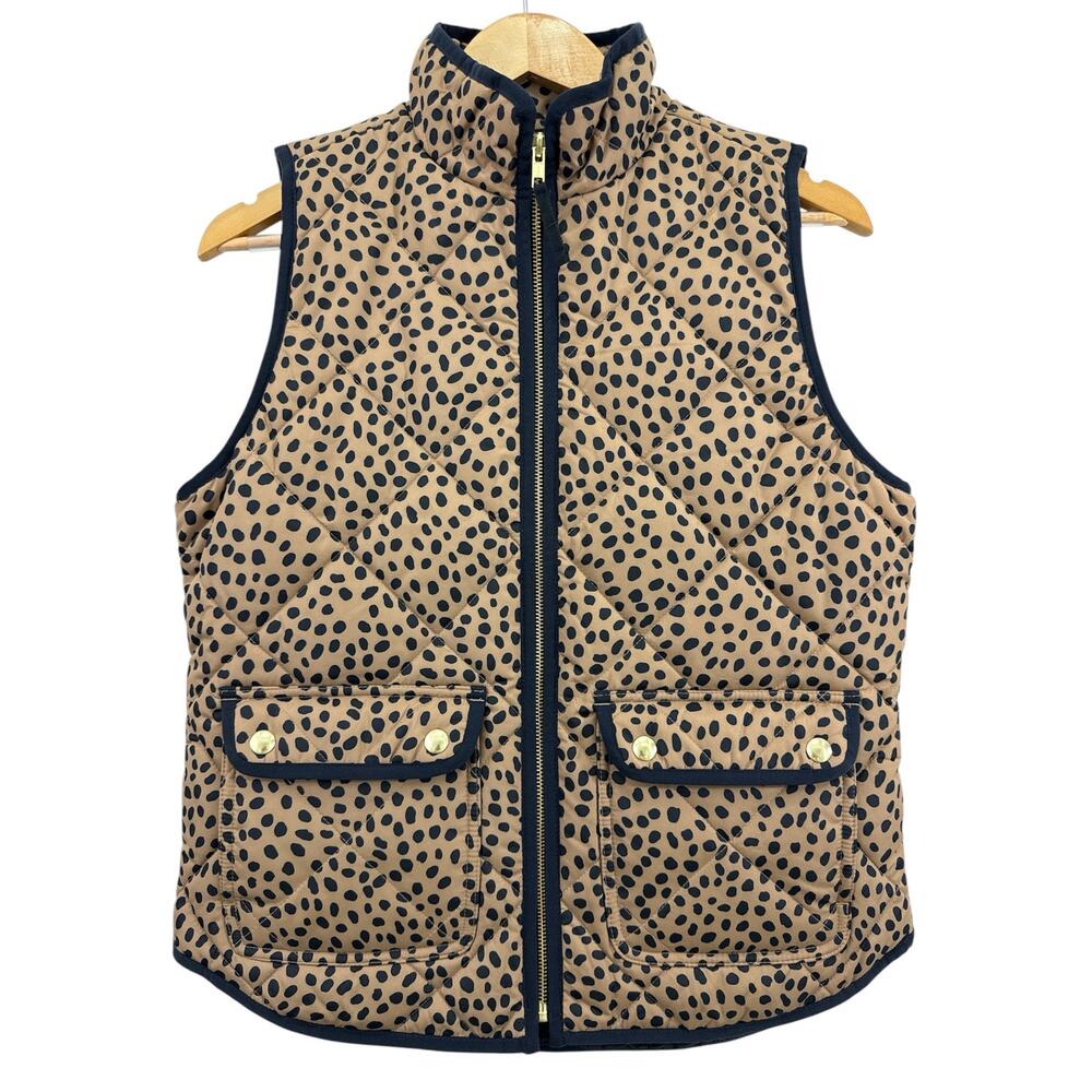 NWT J.Crew Animal Print Puffer Vest Brown Black Sz S Snap Pockets Zip Front - Picture 2 of 9
